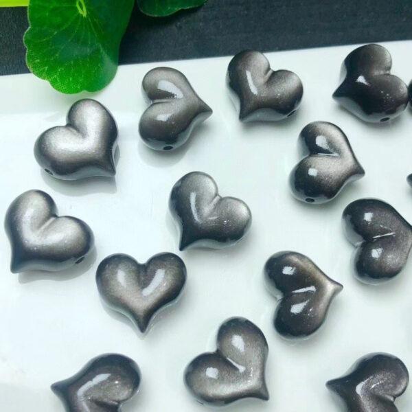 heart bead, peach bead, natural silver obsidian bead, black bead