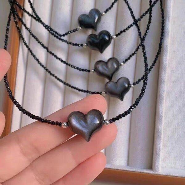 heart bead, peach bead, natural silver obsidian bead, black bead - Image 2