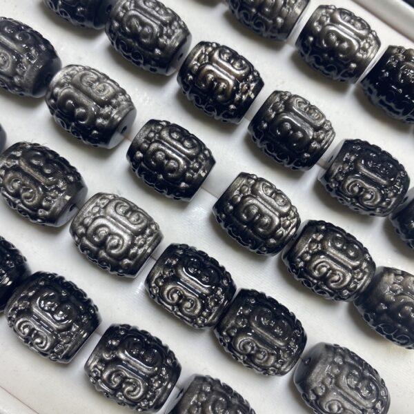 5 pcs / 10 pcs vine pattern drum shape high quality natural silver obsidian bead - Image 2