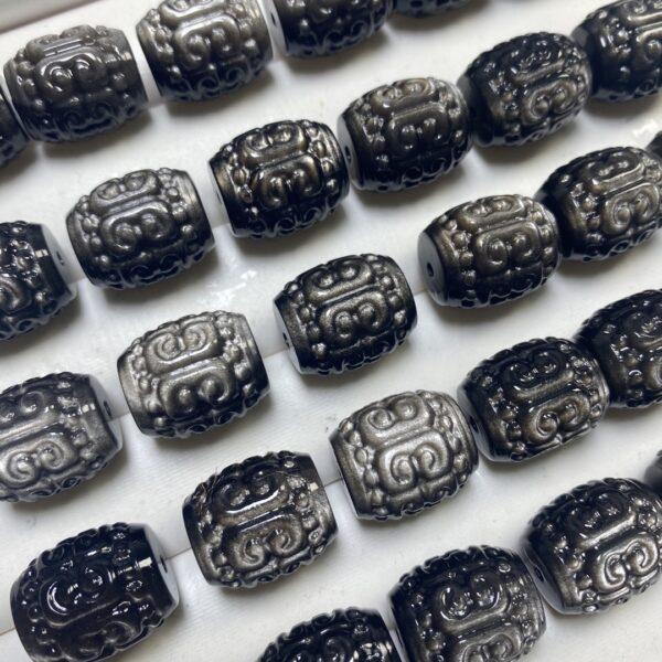 5 pcs / 10 pcs vine pattern drum shape high quality natural silver obsidian bead - Image 4