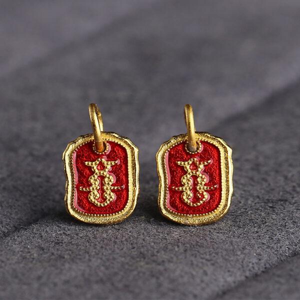 5 pcs / 10 pcs red enamel 喜 pattern rectangle shape s925 sterling silver charm - Image 2