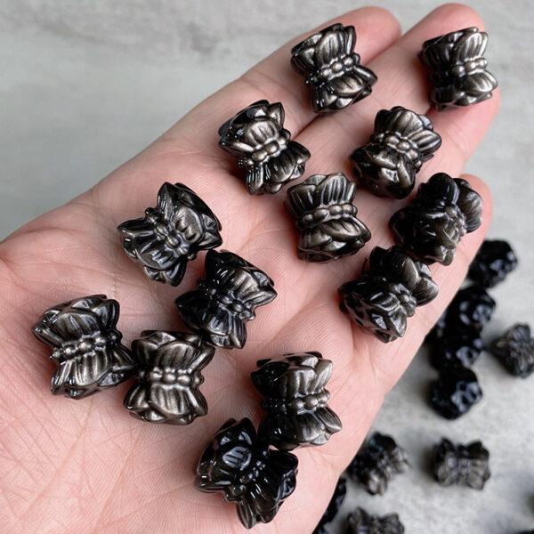 5 pcs / 10 pcs Double Lotus flowers shape natural silver obsidian bead - Image 3