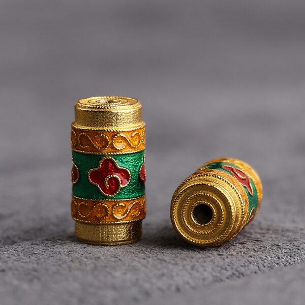 1 pc / 2 pcs red and green enamel flower and cloud pattern pillar shape s925 sterling silver bead - Image 3