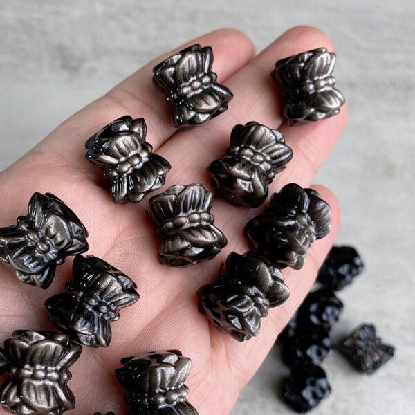 5 pcs / 10 pcs Double Lotus flowers shape natural silver obsidian bead - Image 4