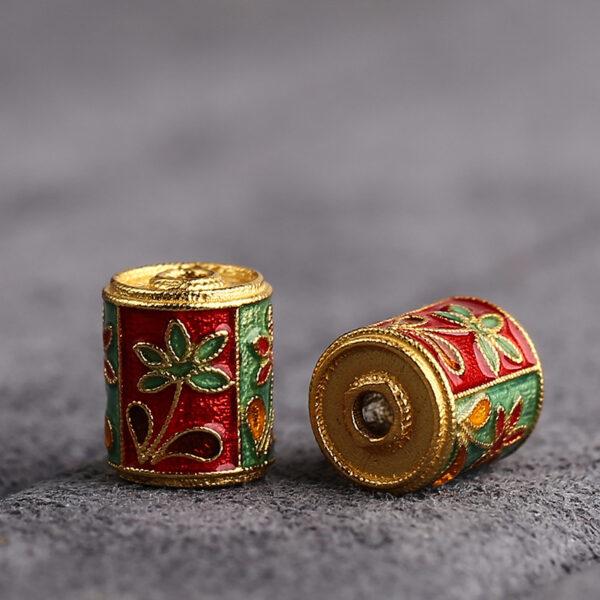 1 pc / 2 pcs red and green enamel flower and cloud pattern pillar shape s925 sterling silver bead - Image 4