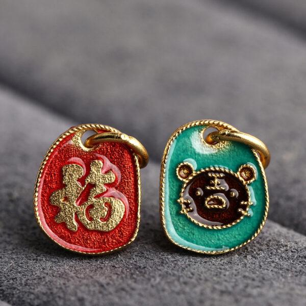 gild sterling silver charm, enamel oval bead with tiger pattern, 2 pieces / 5 pieces - Image 3
