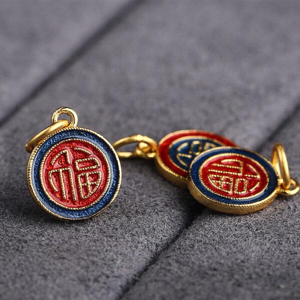 5 pcs / 10 pcs red and blue enamel 福 pattern round shape s925 sterling silver charm - Image 3