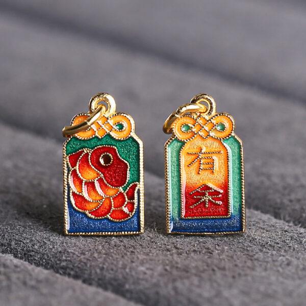 gild sterling silver charm, enamel rectangle bead with fish pattern, 2 pieces / 5 pieces - Image 4