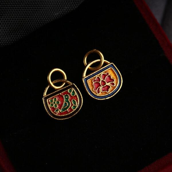 gild sterling silver charm, enamel bead with flower and bird pattern, 2 pieces / 5 pieces - Image 4