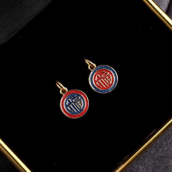 5 pcs / 10 pcs red and blue enamel 福 pattern round shape s925 sterling silver charm - Image 5