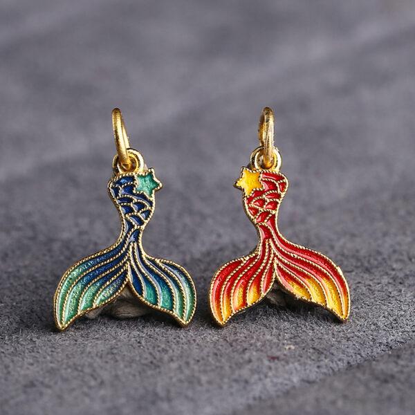 gild sterling silver fish tail shape charm, red and blue enamel bead, 5 pieces / 10 pieces