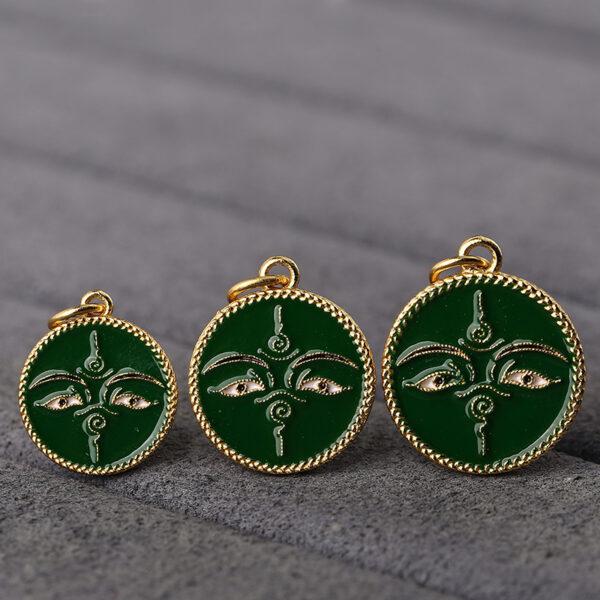 gild sterling silver Buddha face pattern round shape charm bead, green enamel flower charm, 2 pieces / 5 pieces