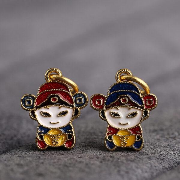 gild sterling silver little God of Wealth shape charm, red and blue enamel charm bead, 2 pieces / 5 pieces