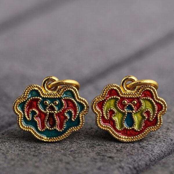 gild sterling silver bat pattern charm, blue and red enamel flower bead, 2 pieces / 5 pieces