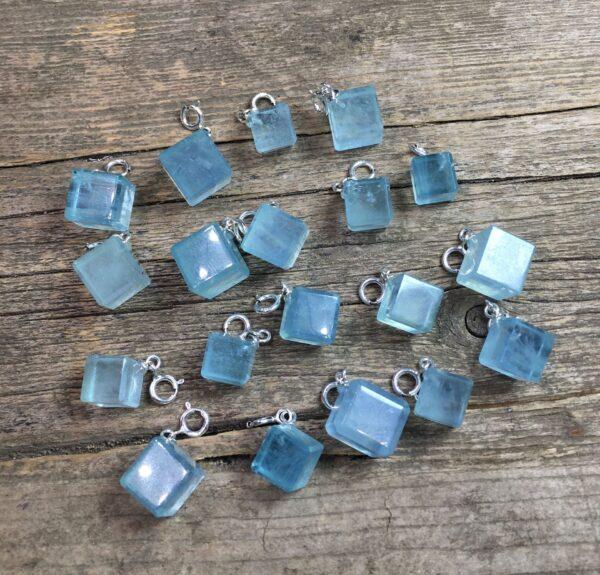 simple cube shape natural aquamarine bead sterling silver charm