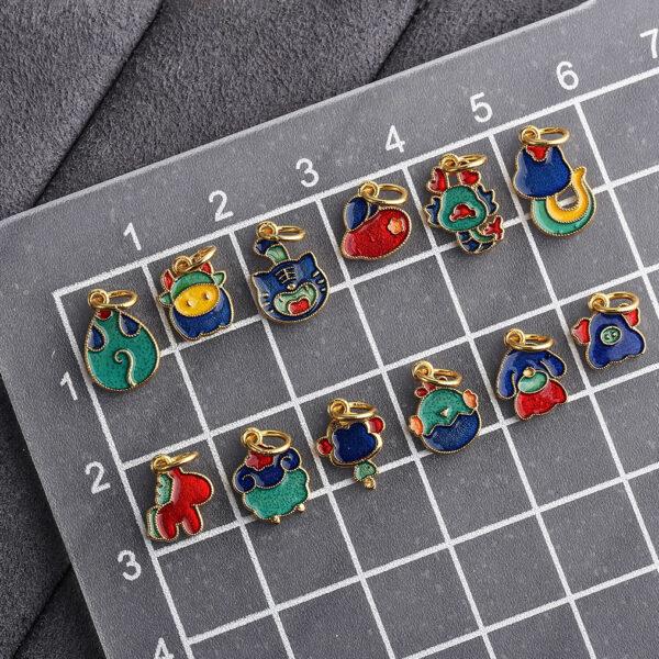 A set of gild sterling silver Chinese Zodiac Animals shape charm, colorful enamel bead - Image 2