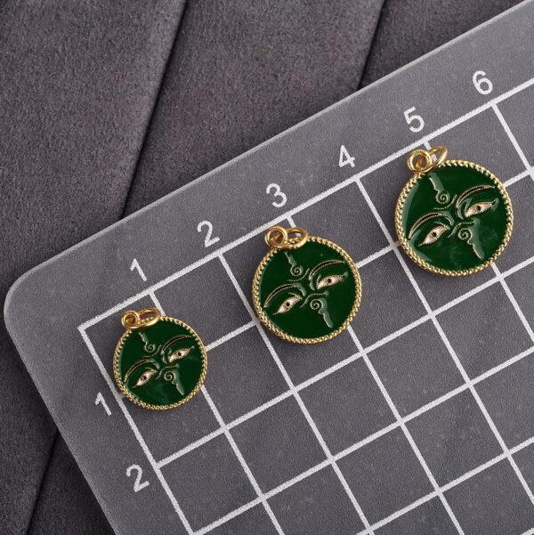 gild sterling silver Buddha face pattern round shape charm bead, green enamel flower charm, 2 pieces / 5 pieces - Image 2