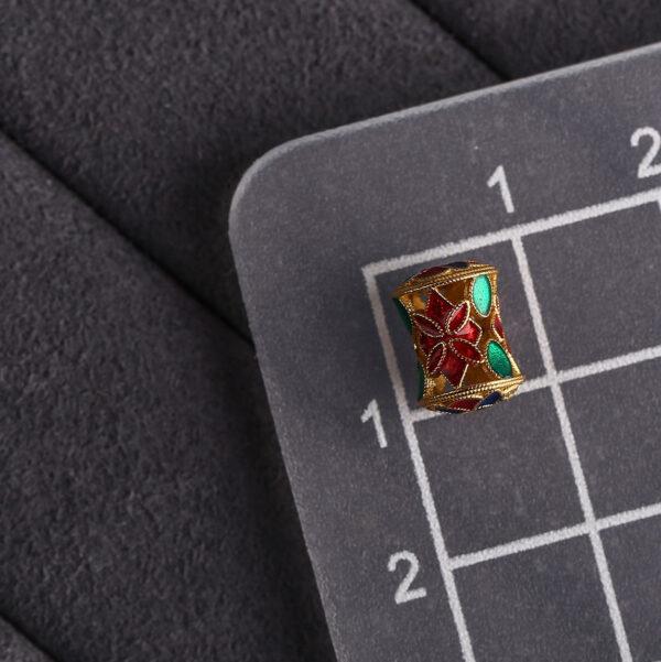 gild sterling silver flower pattern drum shape bead, red and green enamel flower bead, 2 pieces / 5 pieces - Image 2