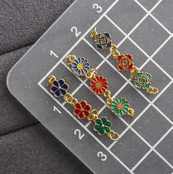 gild sterling silver flower shape chain bead, red and green enamel flower extension chain, 2 pieces / 5 pieces - Image 2