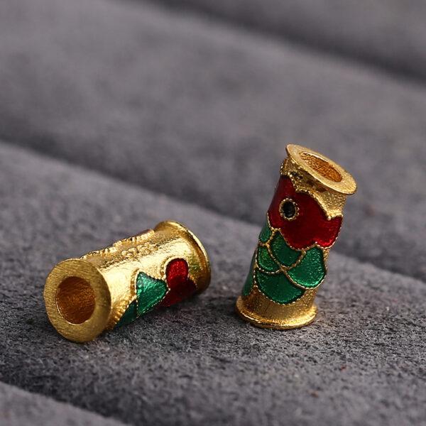 gild sterling silver koi pattern tube shape bead, red and green enamel bead, 5 pieces / 10 pieces - Image 3