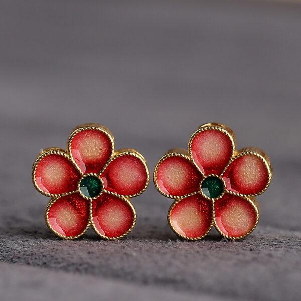 gild sterling silver peach flower shape bead, red and green enamel flower bead, 2 pieces / 5 pieces - Image 3