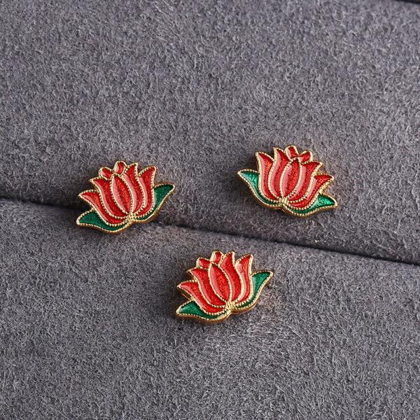 gild sterling silver lotus flower shape bead, red and green enamel flower bead, 2 pieces / 5 pieces - Image 3