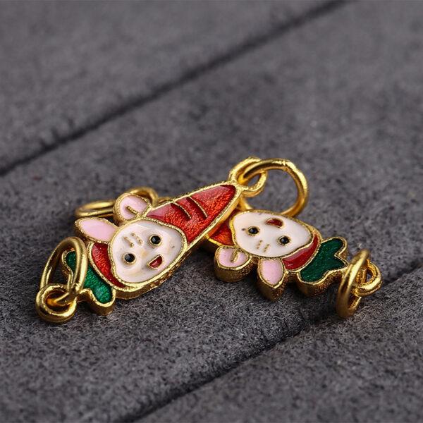 gild sterling silver rabbit and carrot shape double rings charm, red and white enamel flower bead, 2 pieces / 5 pieces - Image 3