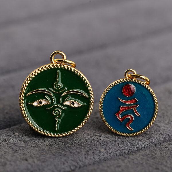 gild sterling silver Buddha face pattern round shape charm bead, green enamel flower charm, 2 pieces / 5 pieces - Image 3