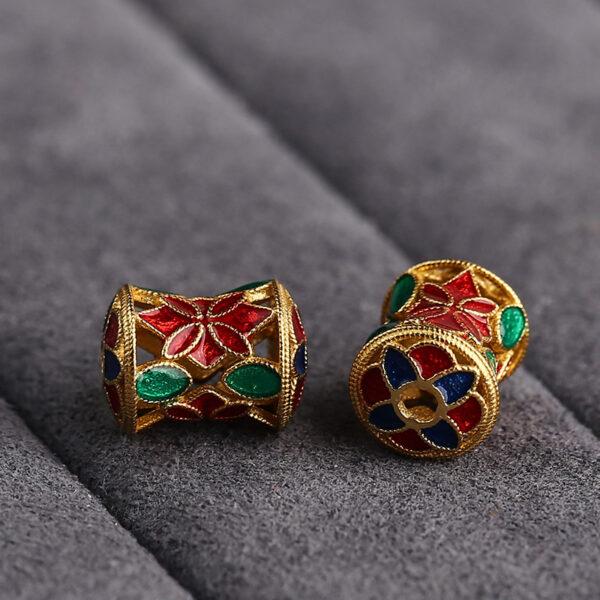 gild sterling silver flower pattern drum shape bead, red and green enamel flower bead, 2 pieces / 5 pieces - Image 3