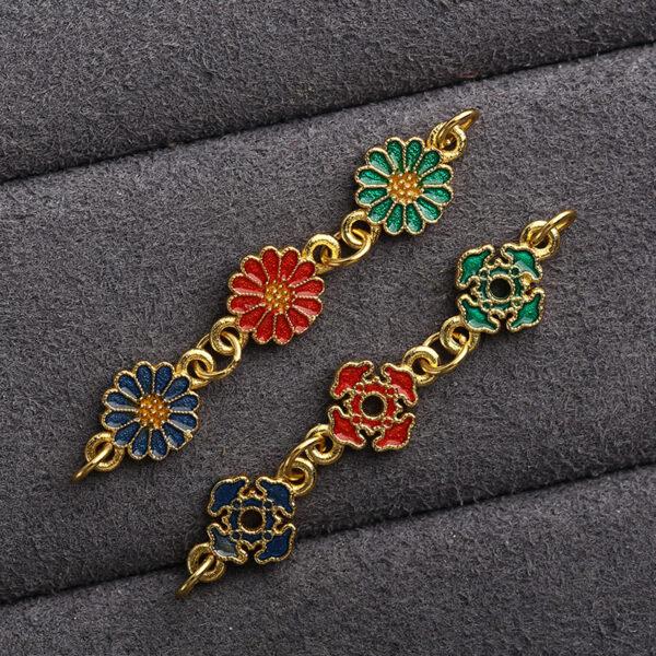 gild sterling silver flower shape chain bead, red and green enamel flower extension chain, 2 pieces / 5 pieces - Image 3