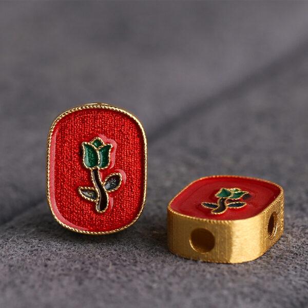 gild sterling silver rose flower pattern oval shape bead, red and green enamel bead, 2 pieces / 5 pieces - Image 3