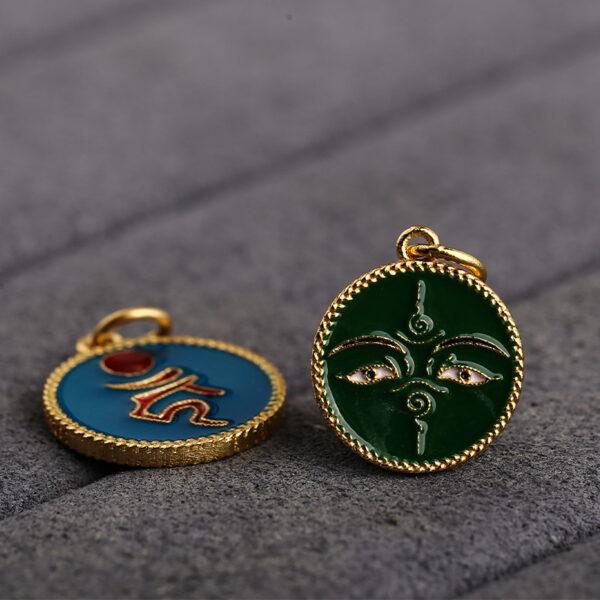 gild sterling silver Buddha face pattern round shape charm bead, green enamel flower charm, 2 pieces / 5 pieces - Image 4