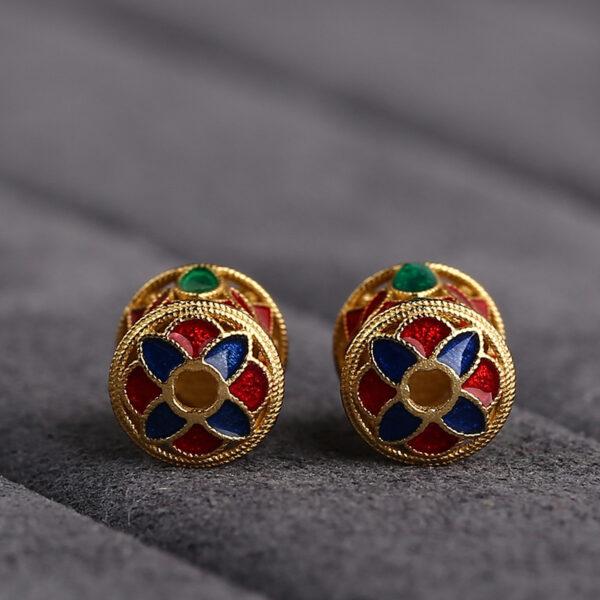 gild sterling silver flower pattern drum shape bead, red and green enamel flower bead, 2 pieces / 5 pieces - Image 4