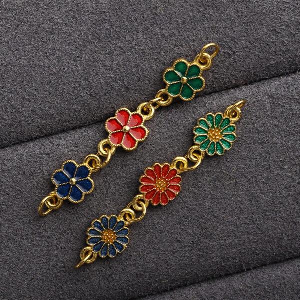 gild sterling silver flower shape chain bead, red and green enamel flower extension chain, 2 pieces / 5 pieces - Image 4