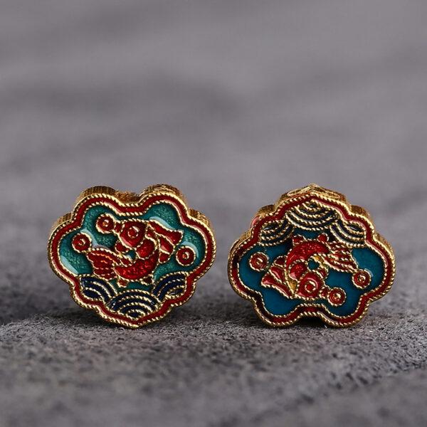 gild sterling silver ruyi shape bead, red and green enamel flower bead, 2 pieces / 5 pieces - Image 4