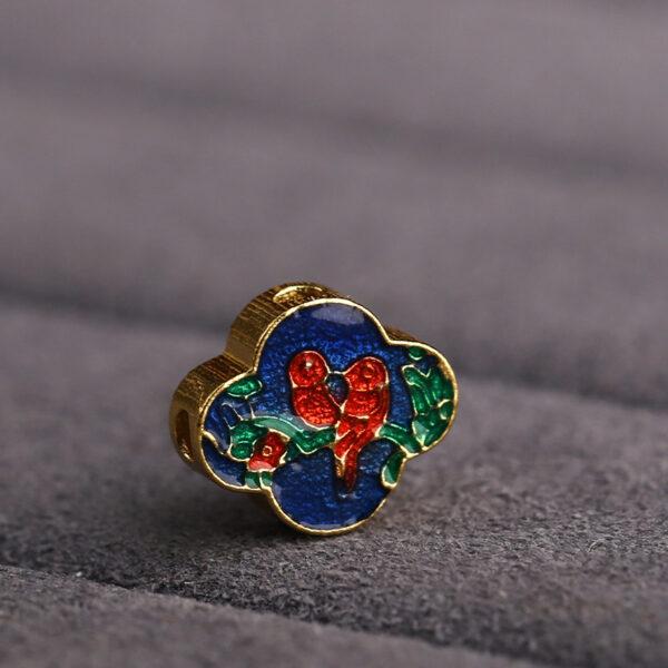 gild sterling silver birds on branch pattern bead, blue and red enamel flower bead, 2 pieces / 5 pieces - Image 4