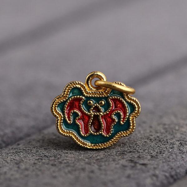 gild sterling silver bat pattern charm, blue and red enamel flower bead, 2 pieces / 5 pieces - Image 4