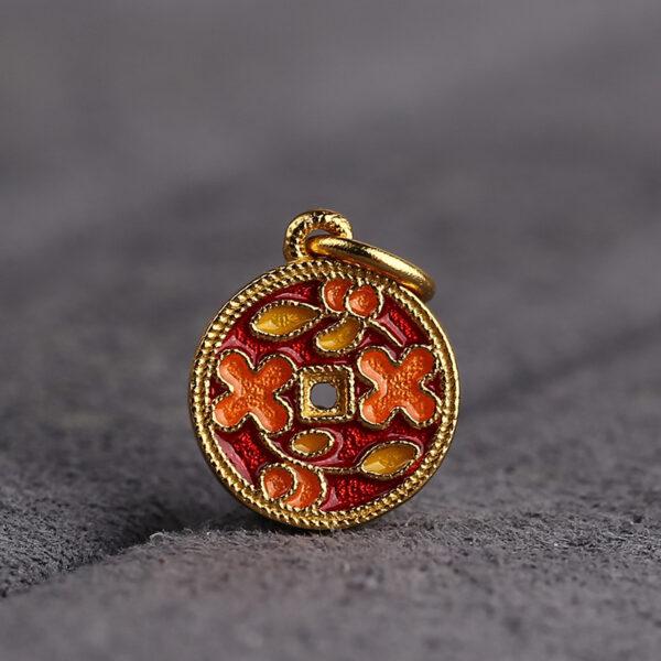 gild sterling silver flower pattern round shape charm, red and yellow enamel flower bead, 2 pieces / 5 pieces - Image 4