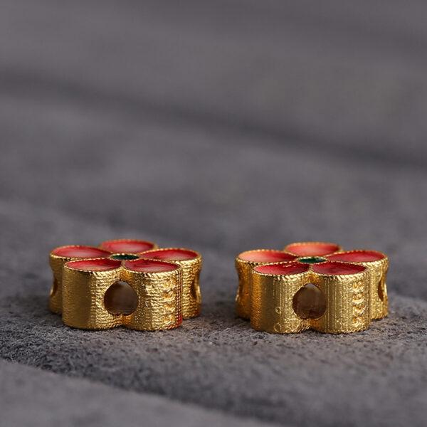 gild sterling silver peach flower shape bead, red and green enamel flower bead, 2 pieces / 5 pieces - Image 4