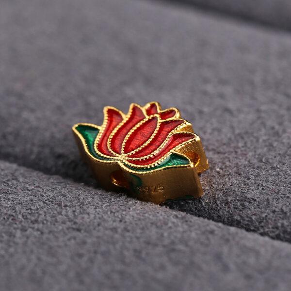 gild sterling silver lotus flower shape bead, red and green enamel flower bead, 2 pieces / 5 pieces - Image 4