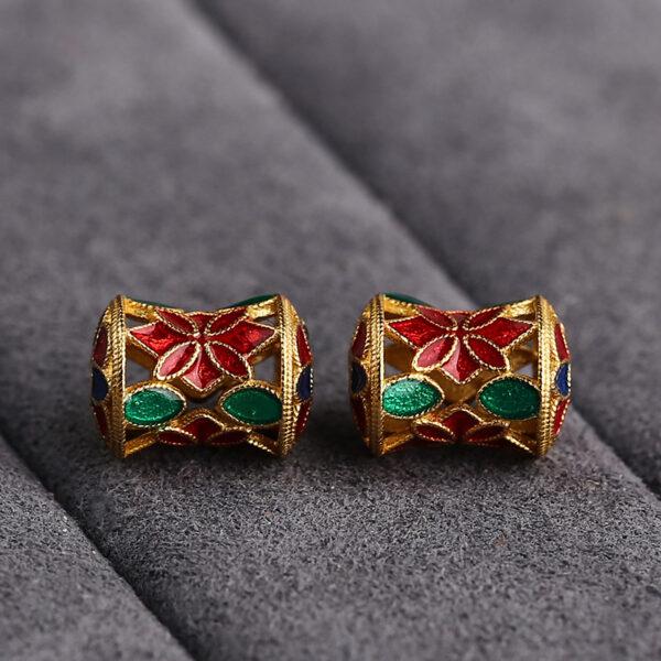 gild sterling silver flower pattern drum shape bead, red and green enamel flower bead, 2 pieces / 5 pieces - Image 5