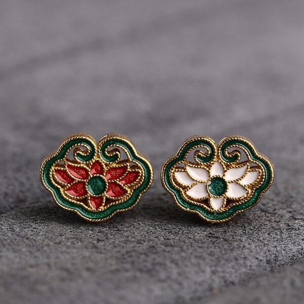 gild sterling silver ruyi shape bead, red and green enamel flower bead, 2 pieces / 5 pieces - Image 5