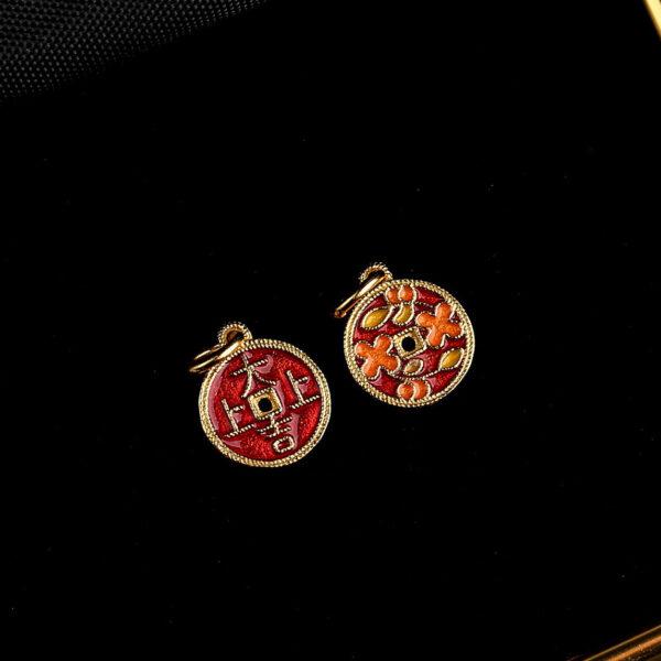 gild sterling silver flower pattern round shape charm, red and yellow enamel flower bead, 2 pieces / 5 pieces - Image 5