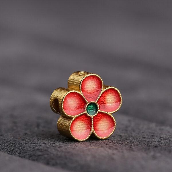 gild sterling silver peach flower shape bead, red and green enamel flower bead, 2 pieces / 5 pieces - Image 5