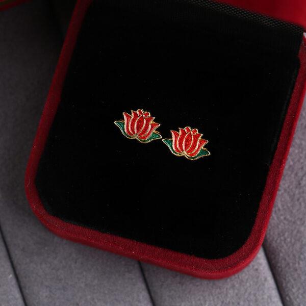 gild sterling silver lotus flower shape bead, red and green enamel flower bead, 2 pieces / 5 pieces - Image 5