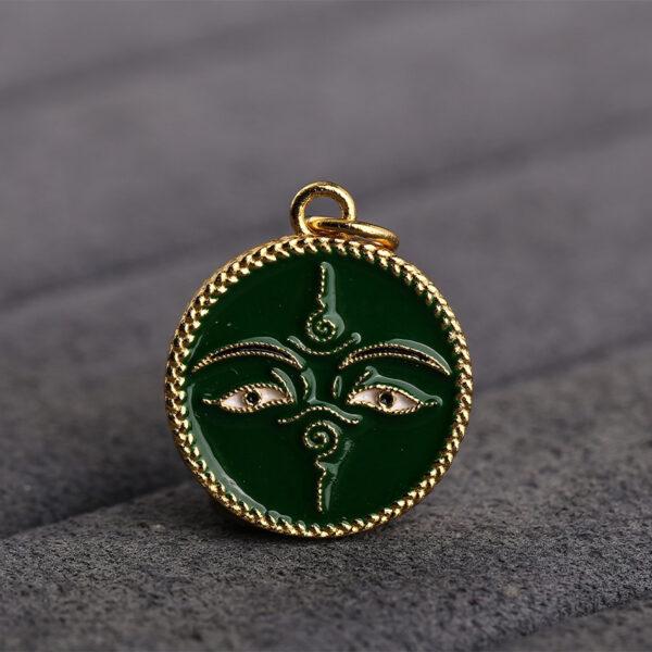 gild sterling silver Buddha face pattern round shape charm bead, green enamel flower charm, 2 pieces / 5 pieces - Image 6