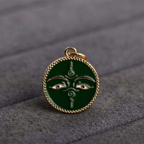 gild sterling silver Buddha face pattern round shape charm bead, green enamel flower charm, 2 pieces / 5 pieces - Image 7