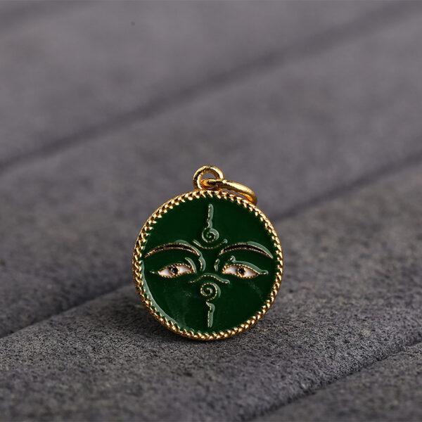 gild sterling silver Buddha face pattern round shape charm bead, green enamel flower charm, 2 pieces / 5 pieces - Image 8