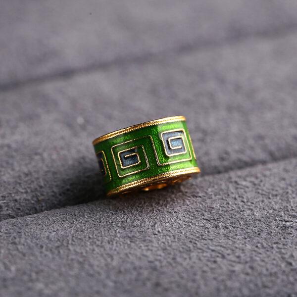 gild sterling silver fret pattern cylindrical shape bead, green enamel bead