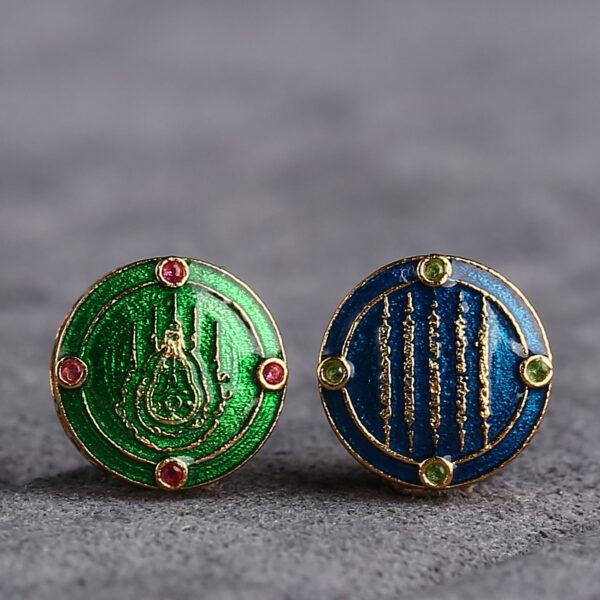 gild sterling silver Buddhist Scriptures pattern round shape bead, blue and green enamel bead, 2 pieces / 5 pieces